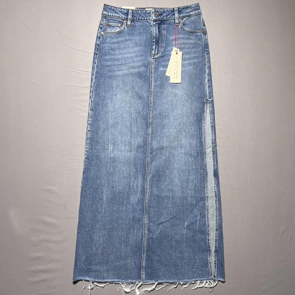 Alice + Olivia Marissa Maxi Denim Skirt 26 High Rise Side Slit Blue Raw Hem Fray